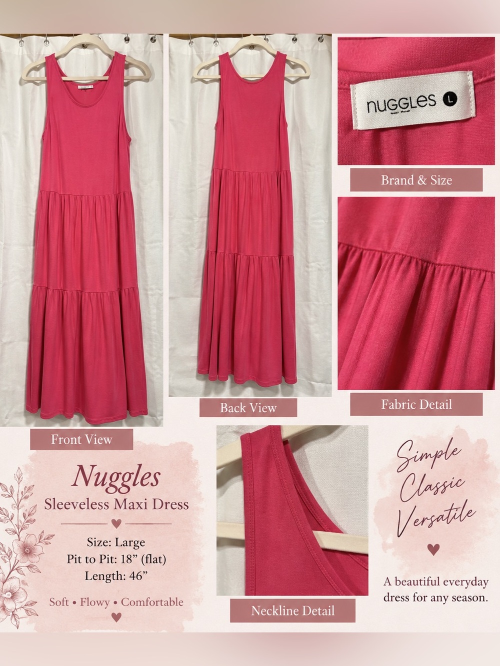 Nuggles Pink Tiered Maxi Dress Size Large Sleeveless